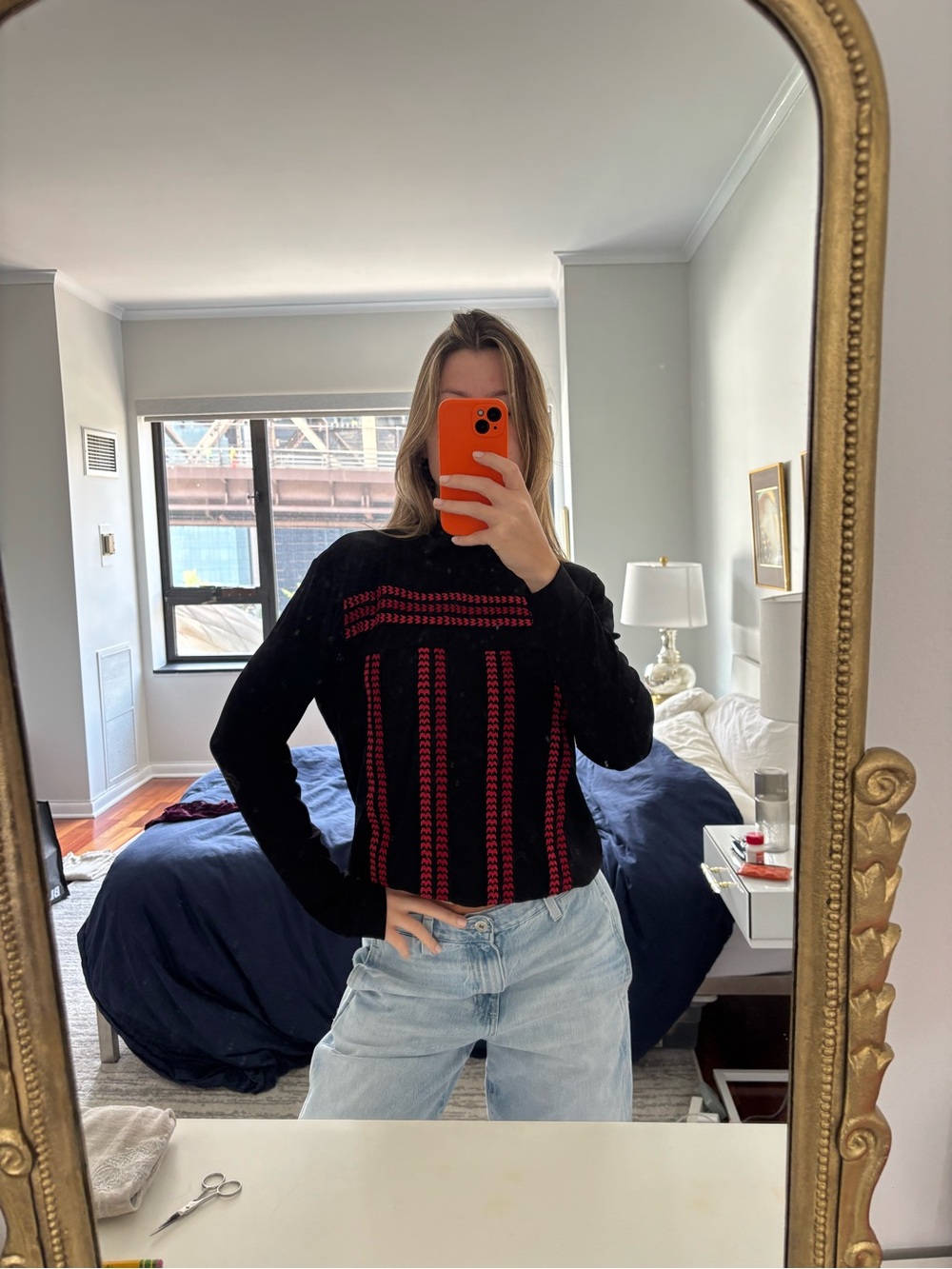 Vivienne Tam Black Sweater Top with Red Knit Pattern - Women's
